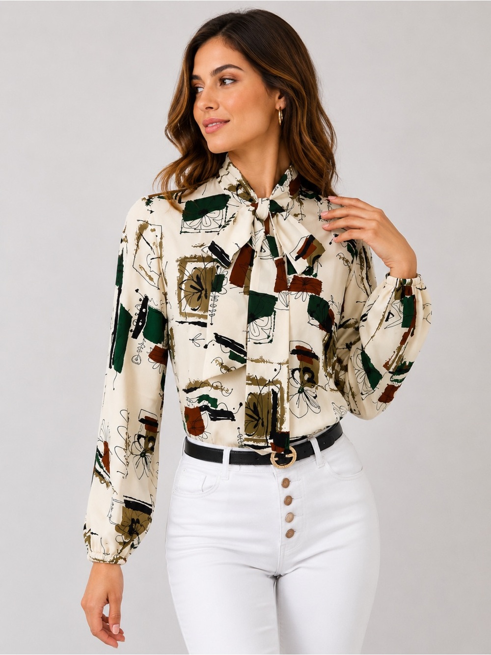Floral Print Tie Neck Long Sleeve Blouse